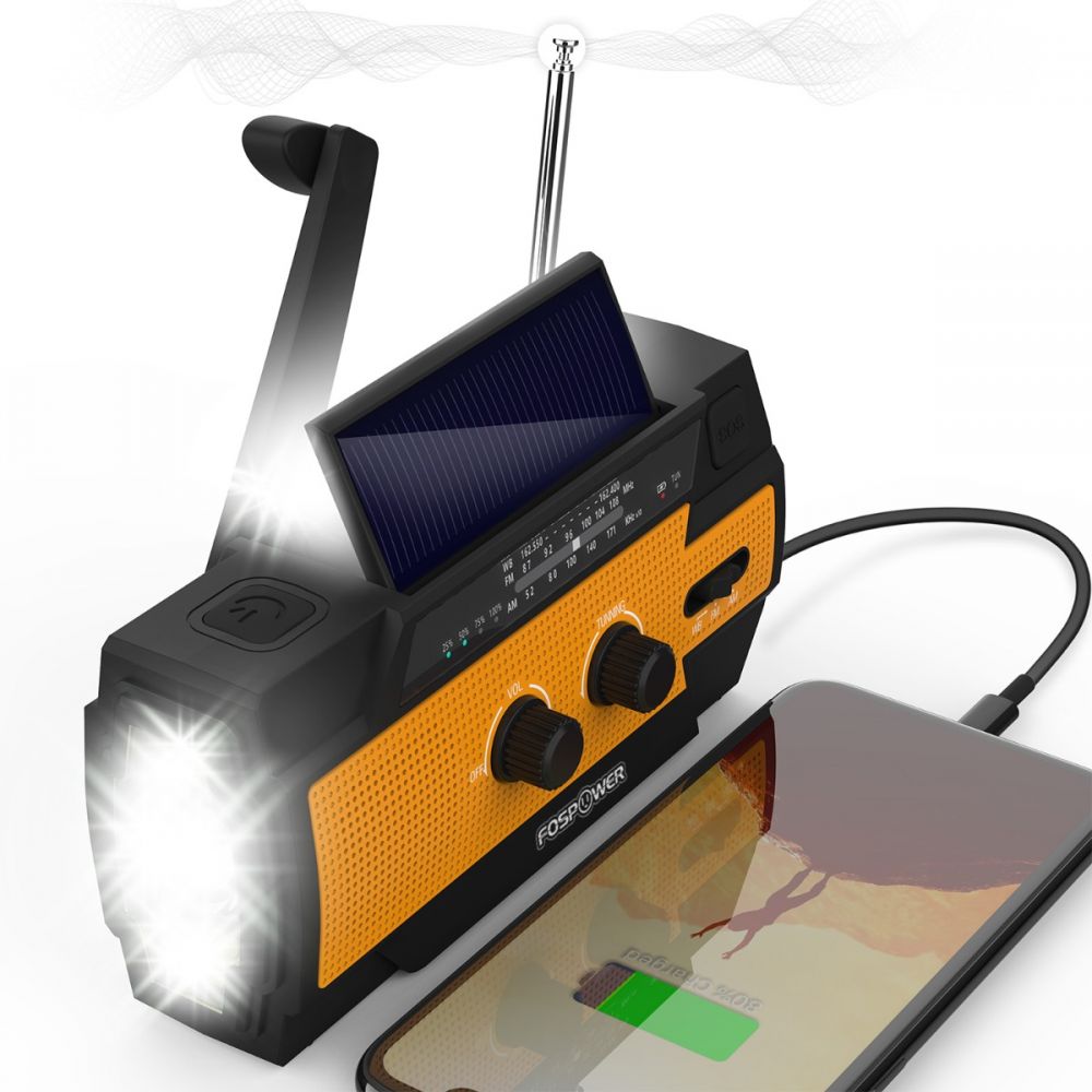 Motion Sensor 【2020 Upgraded】 Emergency Solar Hand Crank Portable Weather Radio 4000mAH Rechargeable Battery USB Charger Reading Lamp 3 LED Flashlights Orange SOS Alarm with AM FM WB 